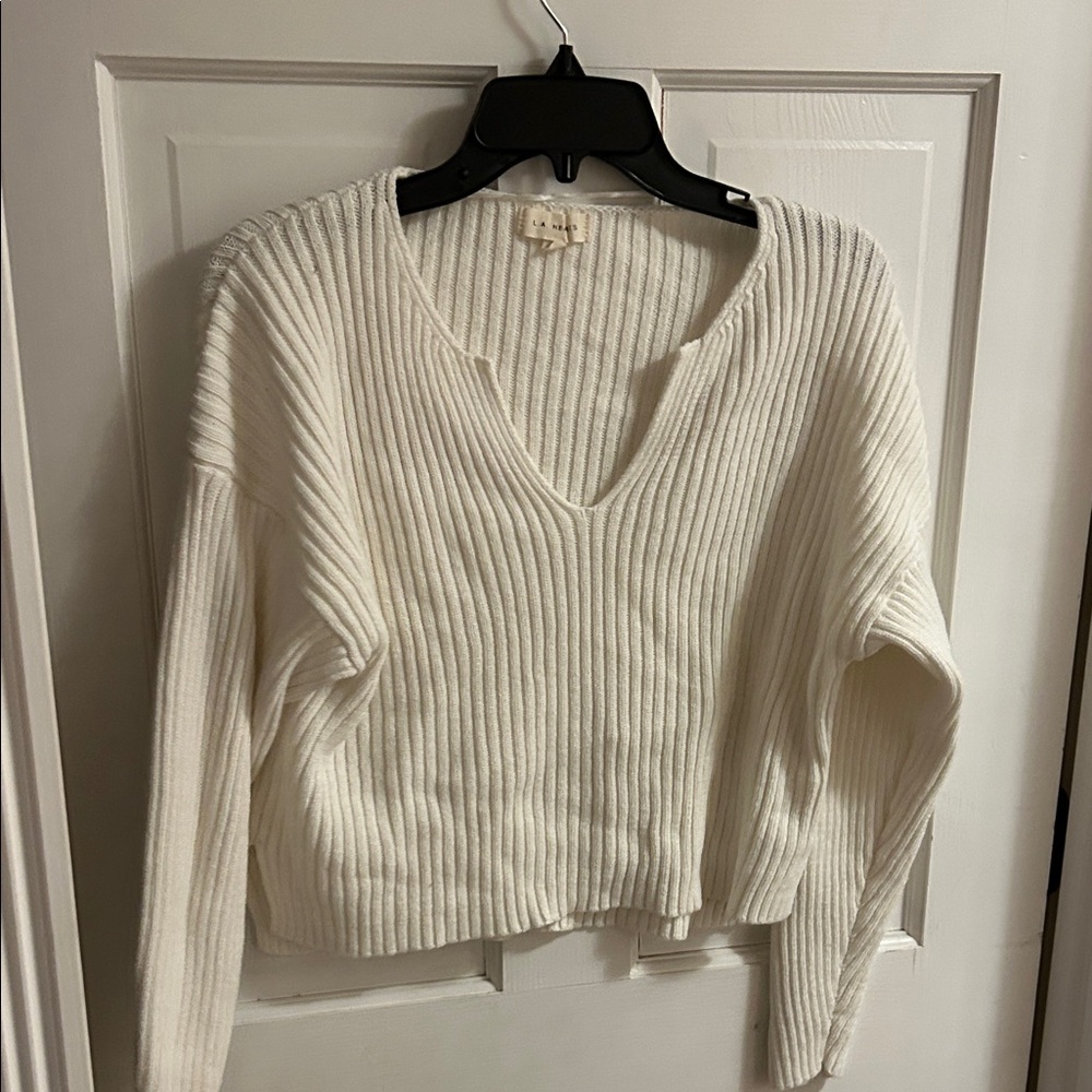 La Hearts Cream Ribbed V-Neck Sweater